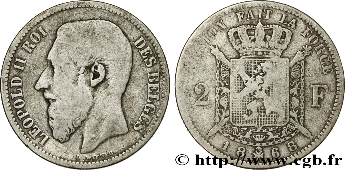 BELGIUM 2 Francs Léopold II légende française 1868  VF 