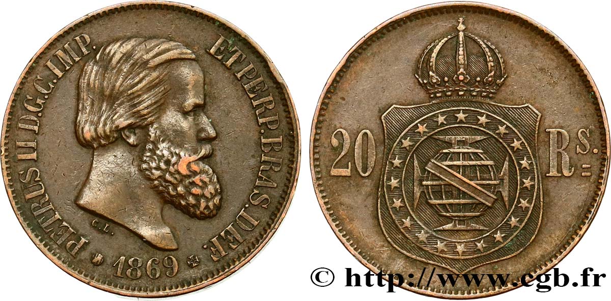 BRAZIL 20 Réis Empereur Pierre II 1869  XF 