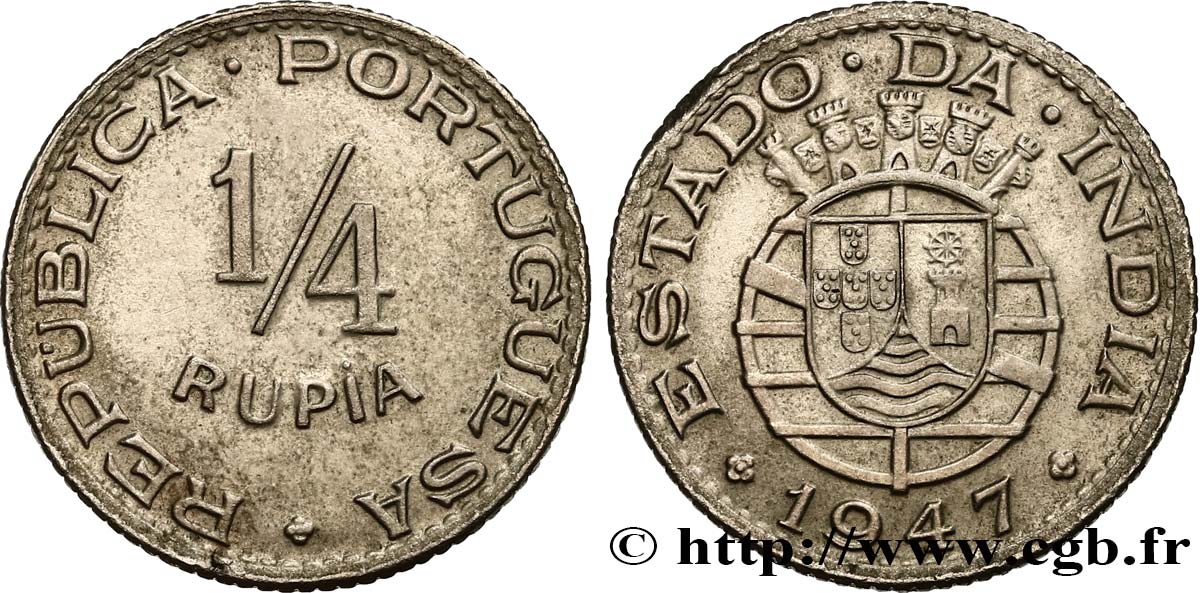 PORTUGUESE INDIA 1/4 Rupia 1947  AU 