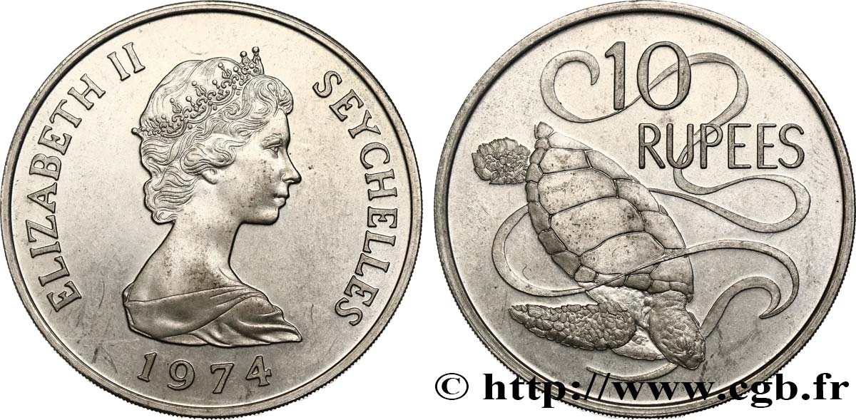 SEYCHELLEN 10 Rupees Elisabeth II / tortue 1974  fST 