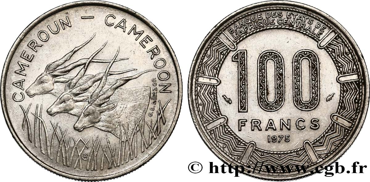 KAMERUN 100 Francs légende bilingue, type BEAC antilopes 1975 Paris VZ 