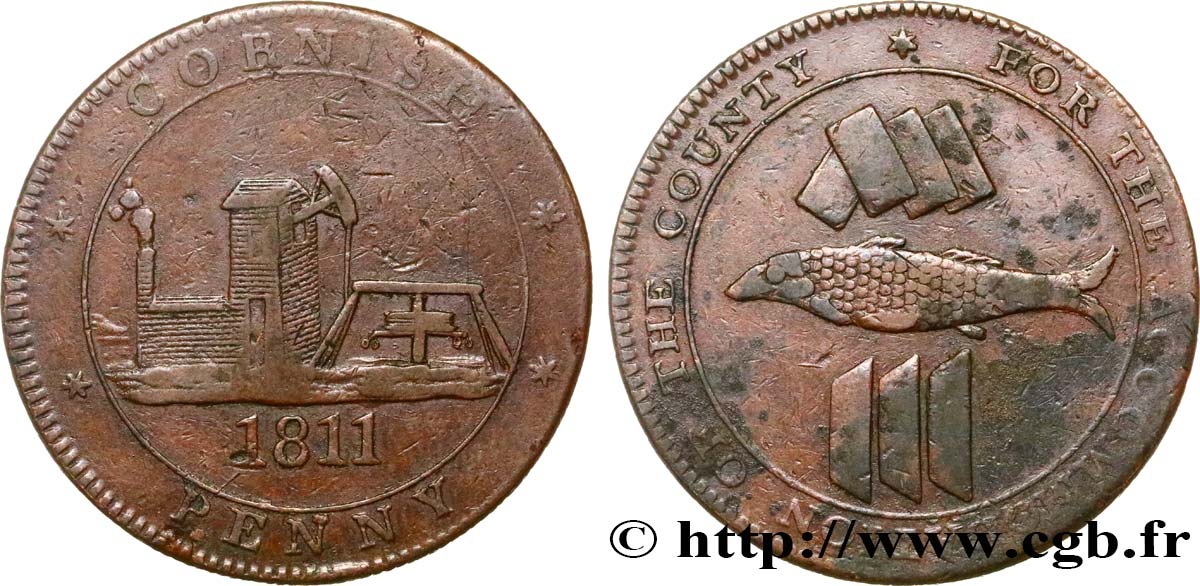 BRITISH TOKENS 1 Penny “Cornish Penny” Scorrier House (Redruth), pompe, poisson et lingots d’étain, mine 1811  VF 