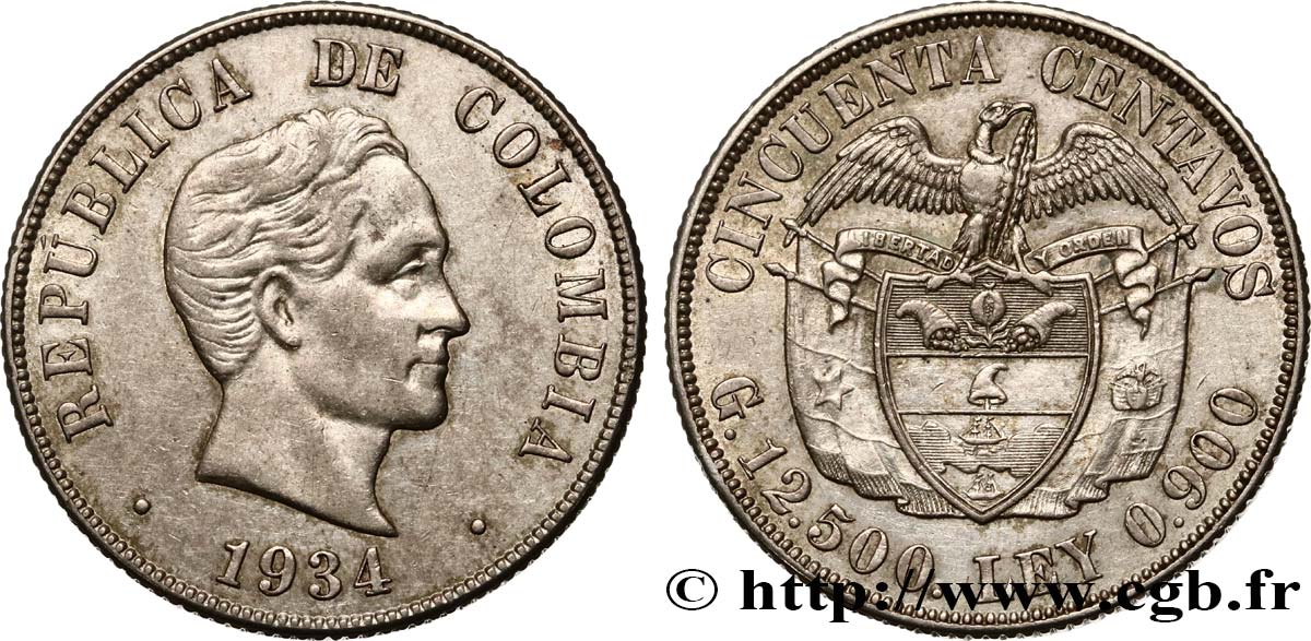COLOMBIA 50 Centavos 1934  MBC+ 
