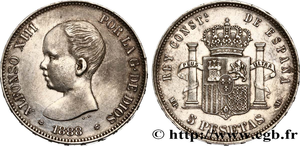 ESPAGNE 5 Pesetas Alphonse XIII 1er type 1888 Madrid SUP 