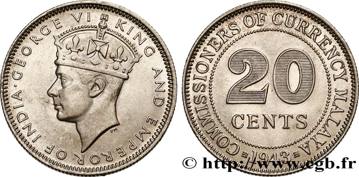MALAISIE 20 Cents Commission Monétaire de Malaisie Georges VI 1943  SPL 