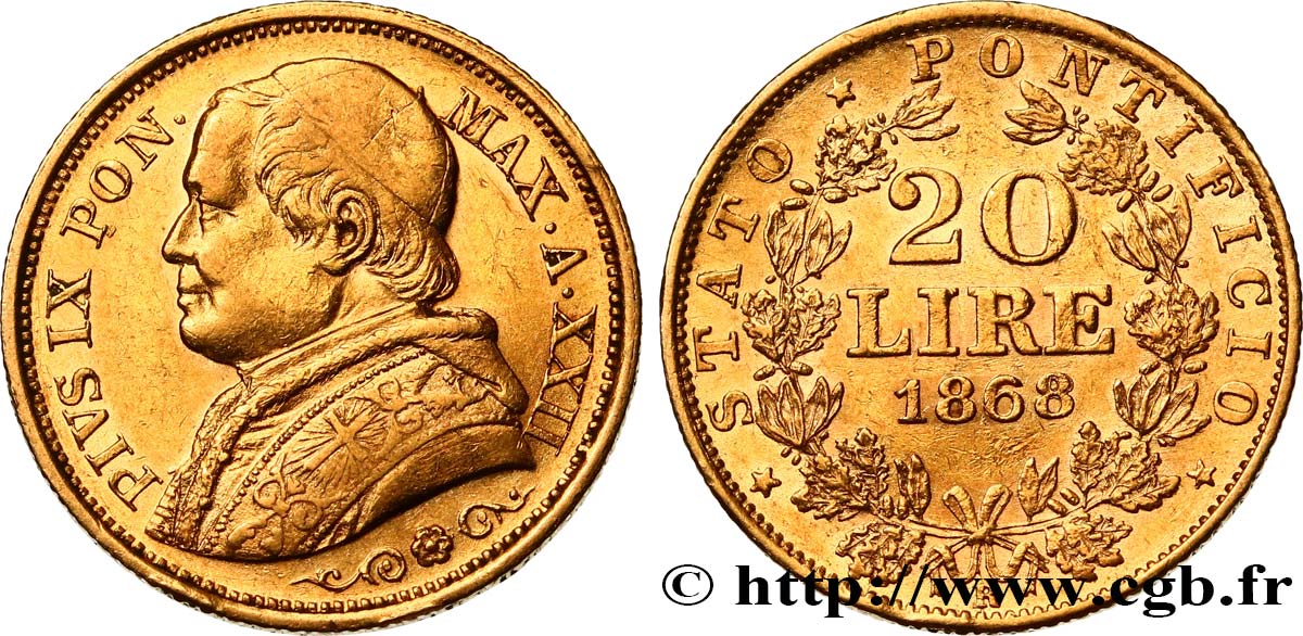 VATICAN AND PAPAL STATES 20 Lire Pie IX an XXII 1868 Rome AU 