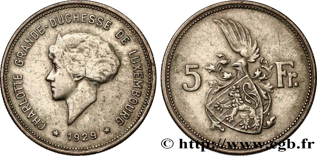 LUXEMBOURG 5 Francs Grande-Duchesse Charlotte 1929  XF 