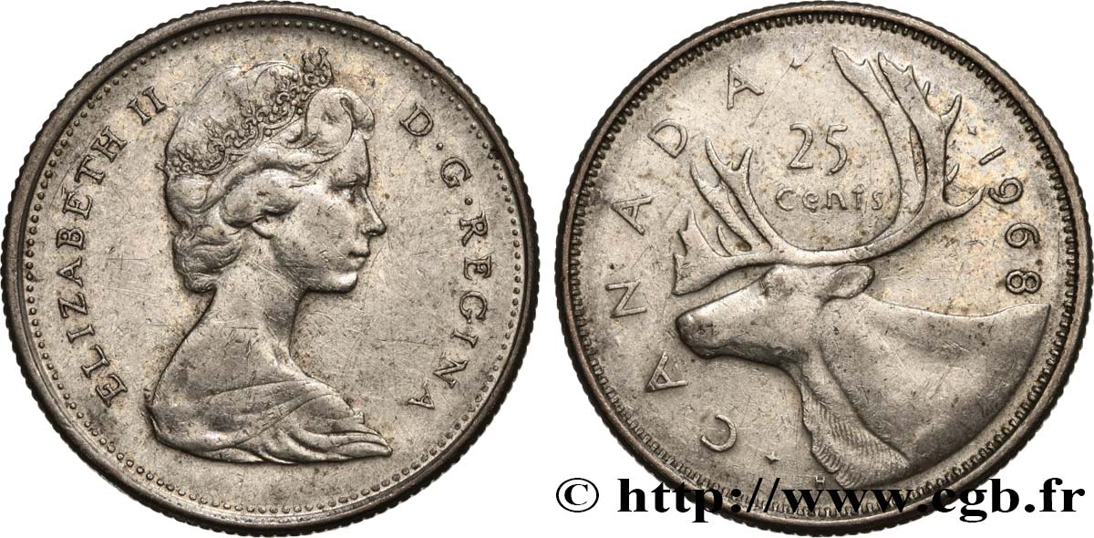 CANADA 25 Cents Elisabeth II / caribou 1968  TTB 