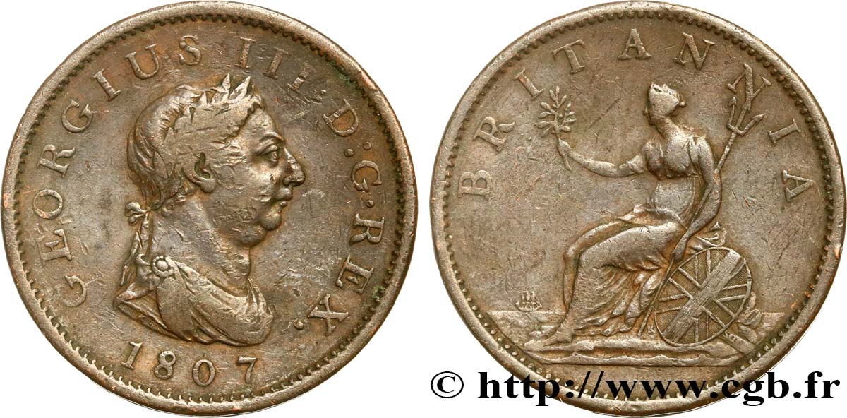 ROYAUME-UNI 1 Penny Georges III tête laurée 1807  TB 