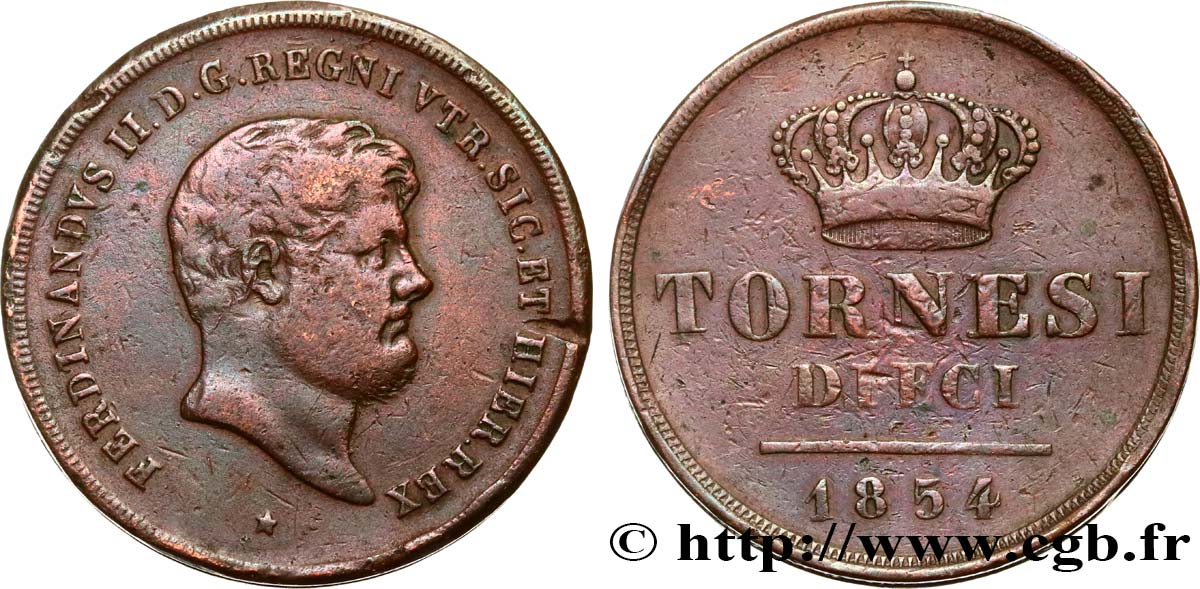 ITALIE - ROYAUME DES DEUX-SICILES 10 Tornesi Ferdinand II, roi de Naples et Sicile 1854  TB 