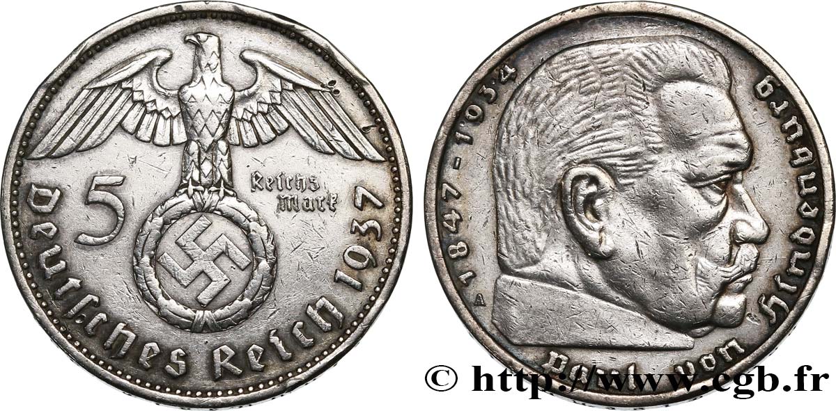 GERMANY 5 Reichsmark aigle surmontant une swastika / Maréchal Paul von Hindenburg 1937 Berlin AU 