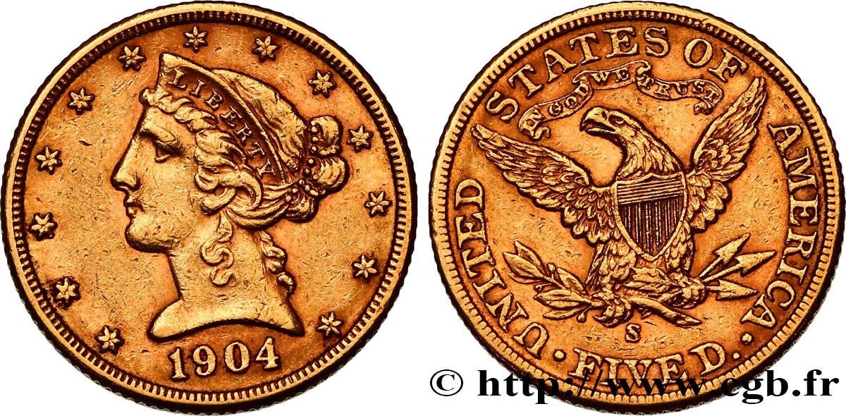 ÉTATS-UNIS D AMÉRIQUE 5 Dollars  Liberty  1904 San Francisco TTB 