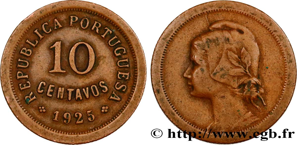 PORTUGAL 10 Centavos 1925  XF 