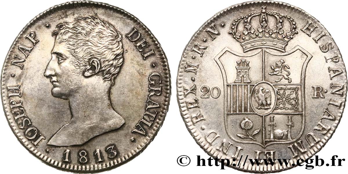 SPAIN - KINGDOM OF SPAIN - JOSEPH NAPOLEON 20 Reales ou 5 Pesetas 1813 Madrid AU/MS 