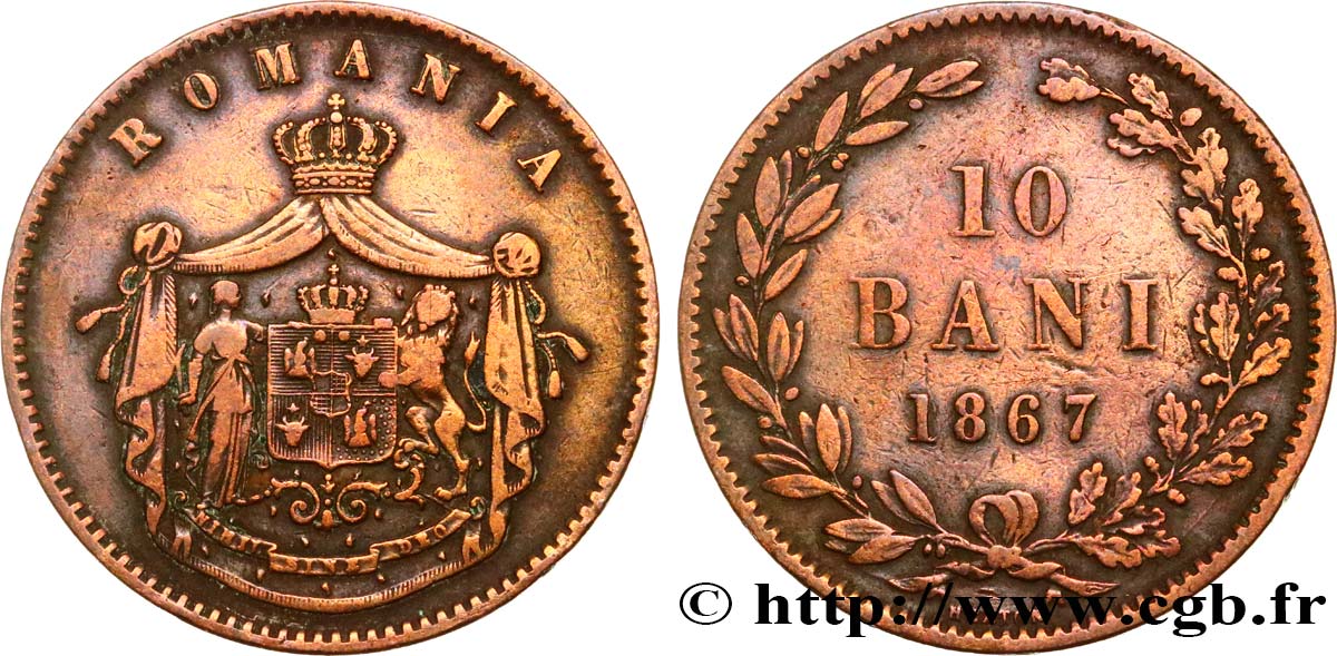 ROMANIA 10 Bani armes 1867 Heaton q.BB 