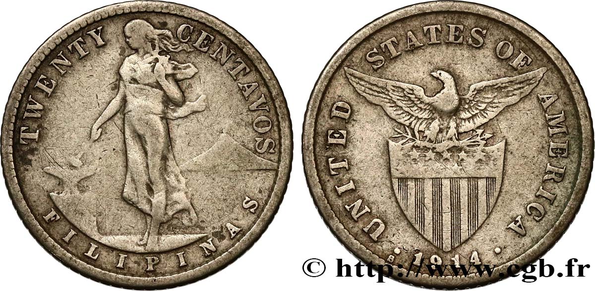 PHILIPPINES 20 Centavos - Administration Américaine 1914 San Francisco - S VF/XF 