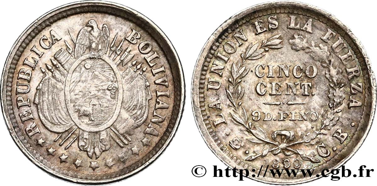 BOLIVIA 5 Centavos 1890 Potosi AU 