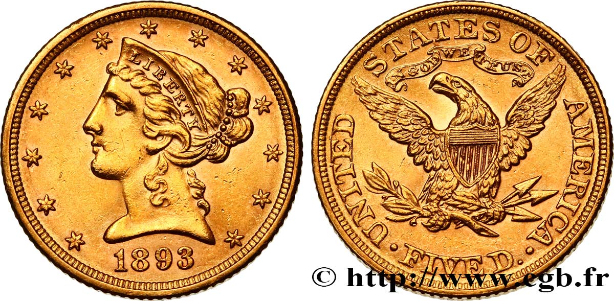 ÉTATS-UNIS D AMÉRIQUE 5 Dollars  Liberty  1893 Philadelphie SUP 