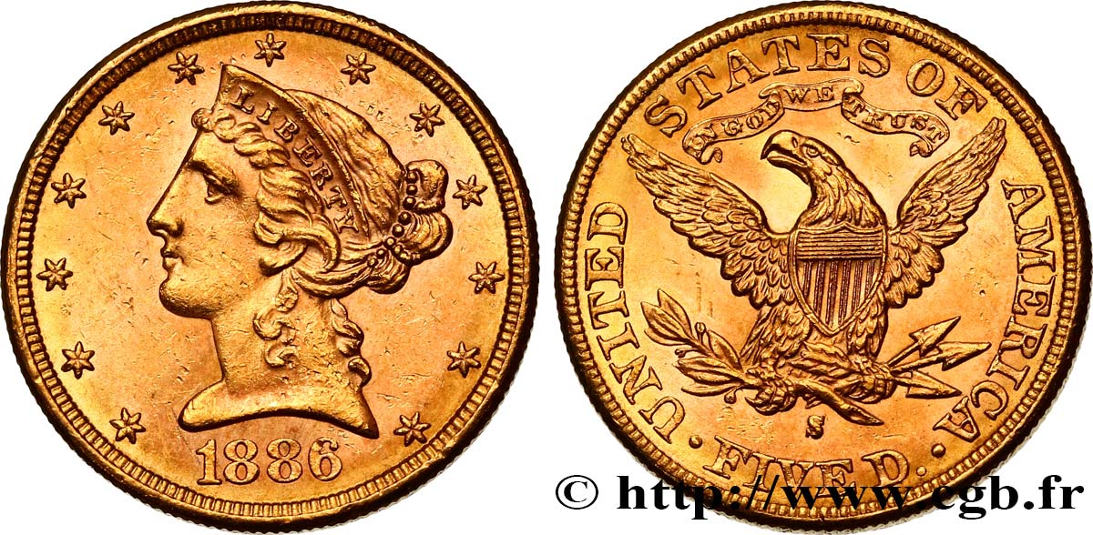 UNITED STATES OF AMERICA 5 Dollars  Liberty  1886 San Francisco AU/MS 
