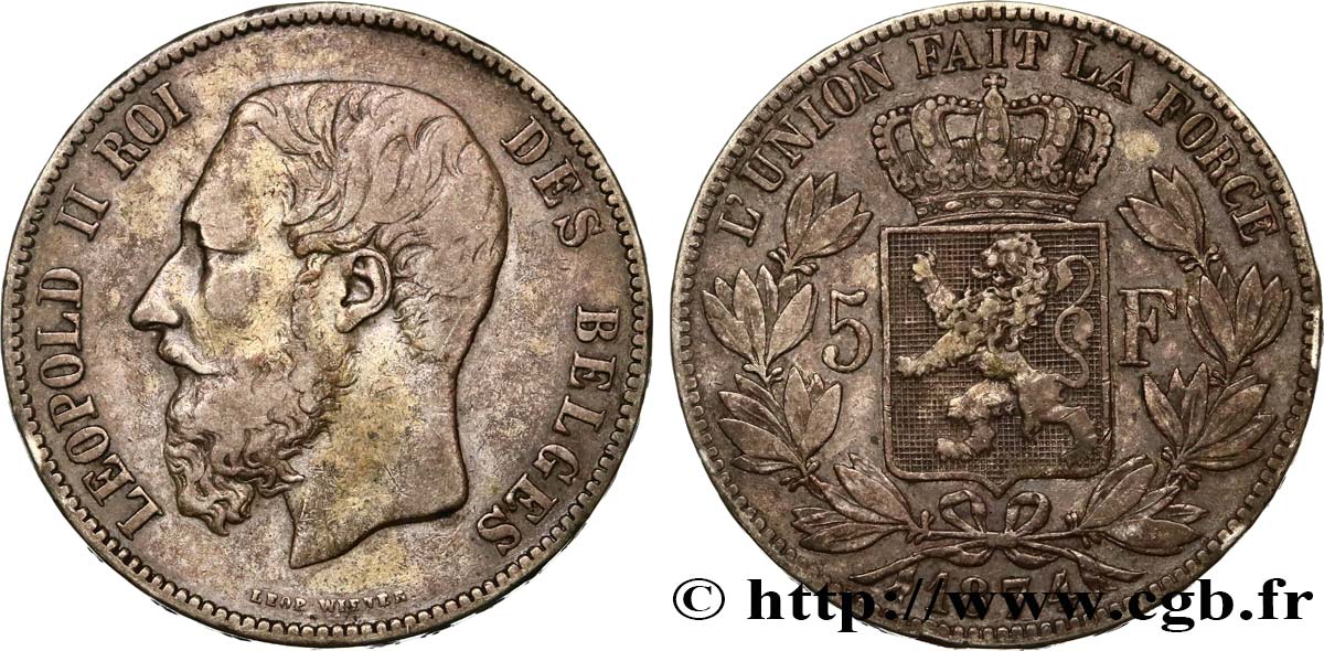 BÉLGICA 5 Francs Léopold II  1874  BC+ 