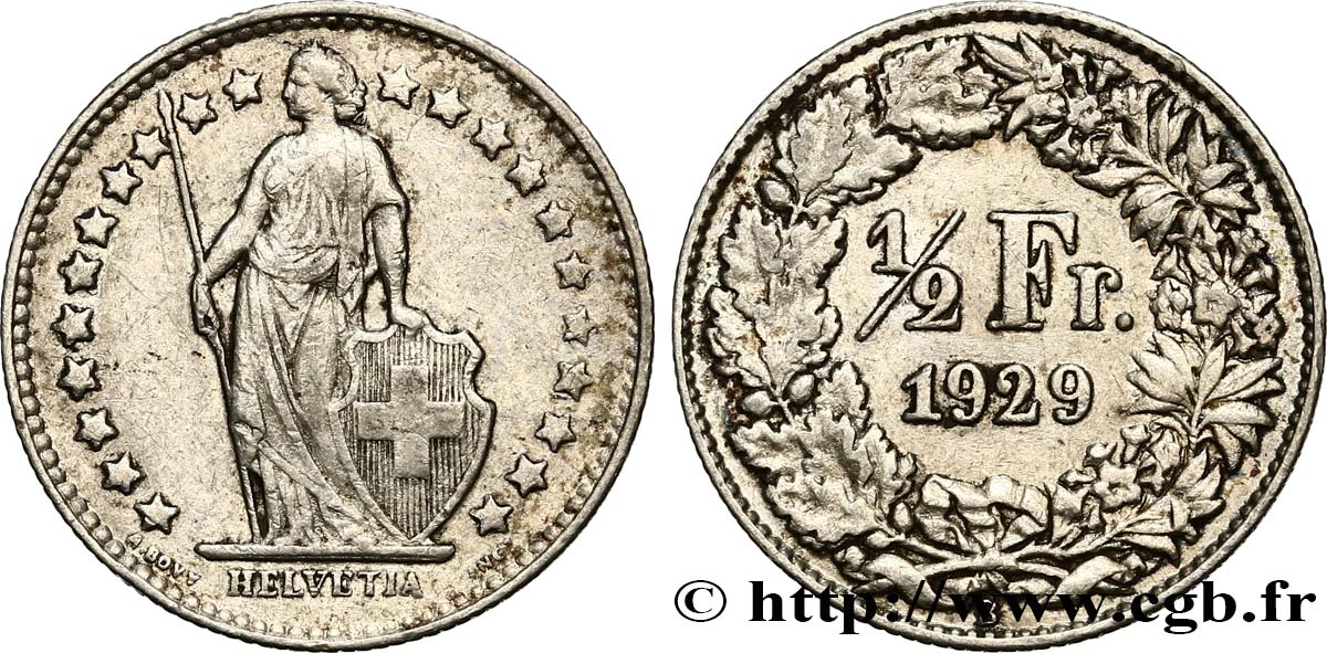 SWITZERLAND 1/2 Franc Helvetia 1929 Berne XF 