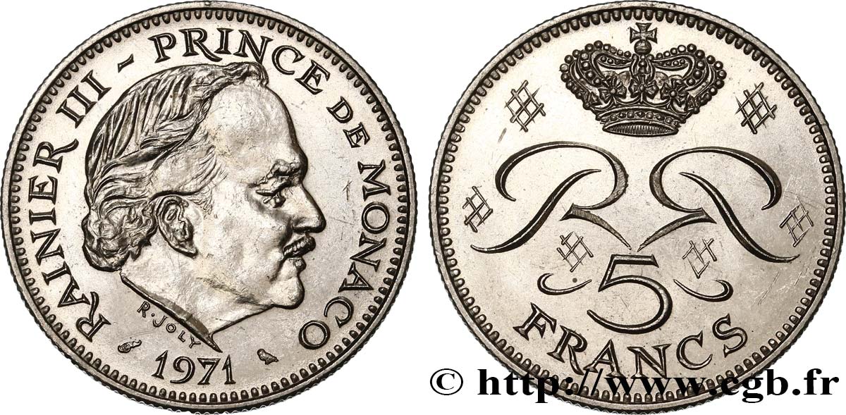 MONACO 5 Francs Rainier III 1971 Paris SPL 