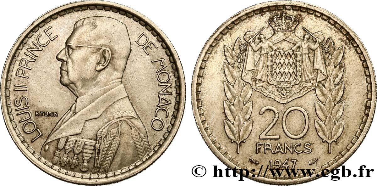 MONACO 20 Francs prince Louis II / armes 1947 Paris AU 
