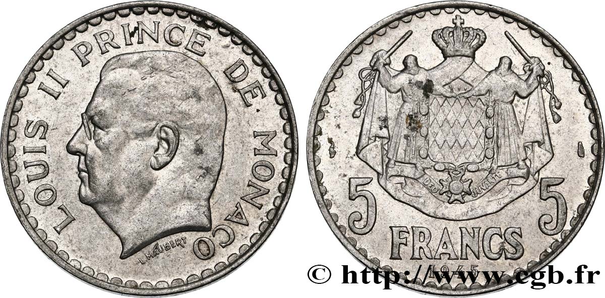 MONACO 5 Francs Louis II 1945 Paris VZ 