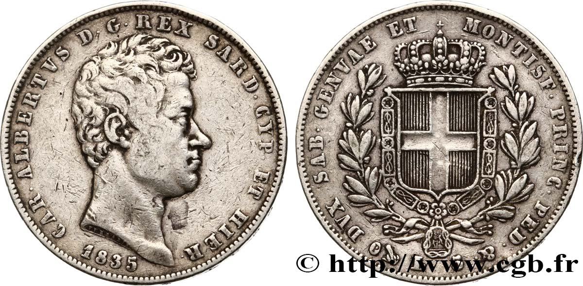 ITALIEN - KÖNIGREICH SARDINIEN 5 Lire Charles Albert 1835 Gênes fSS 