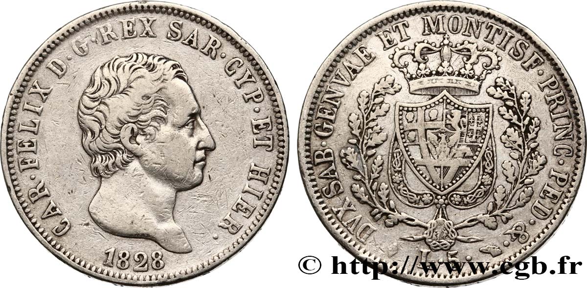ITALY - KINGDOM OF SARDINIA 5 Lire Charles-Félix 1828 Turin VF 