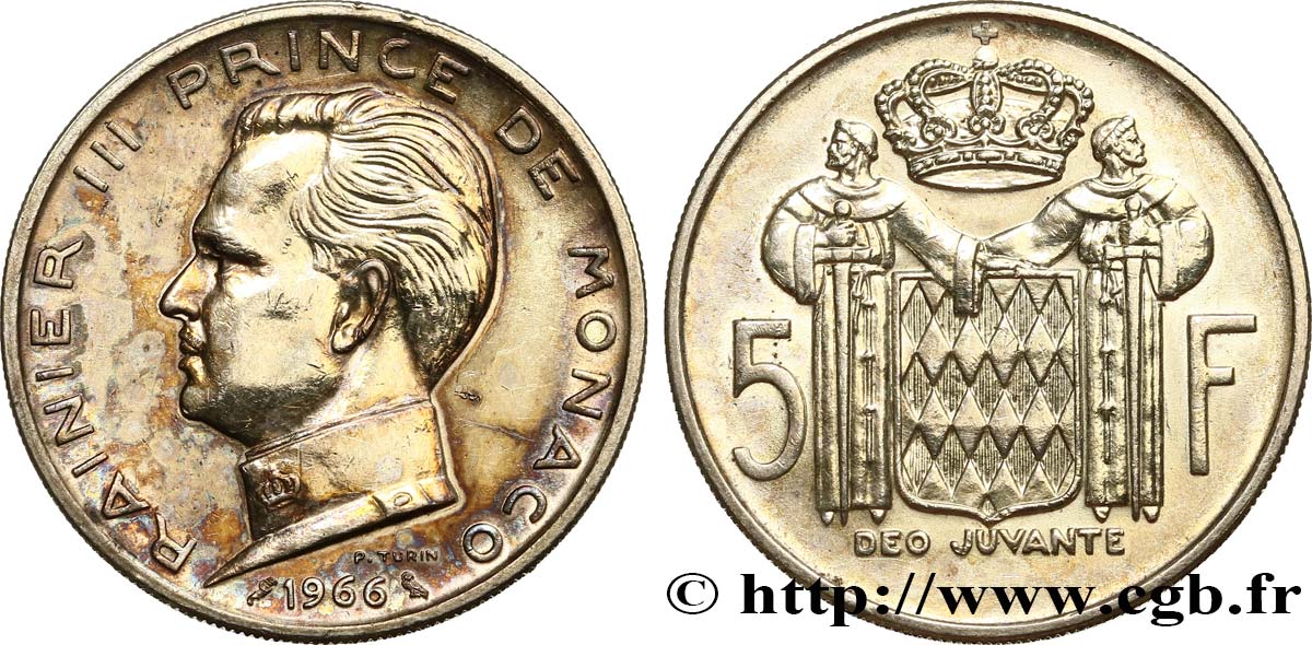 MONACO 5 Francs Prince Rainier III 1966 Paris fVZ 