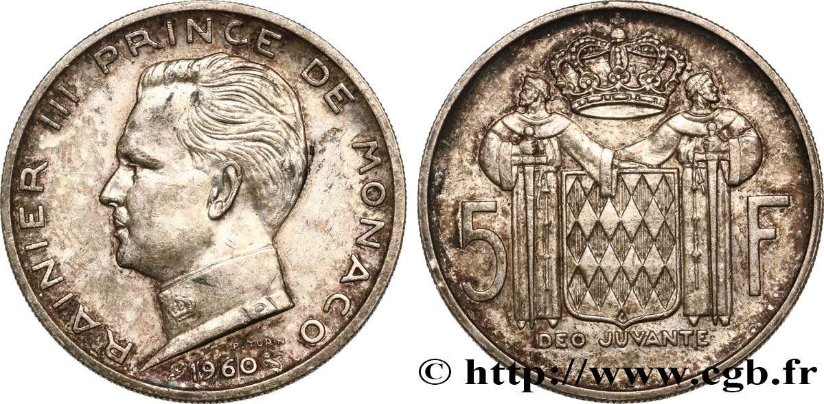 MONACO 5 Francs Prince Rainier III 1960 Paris EBC 