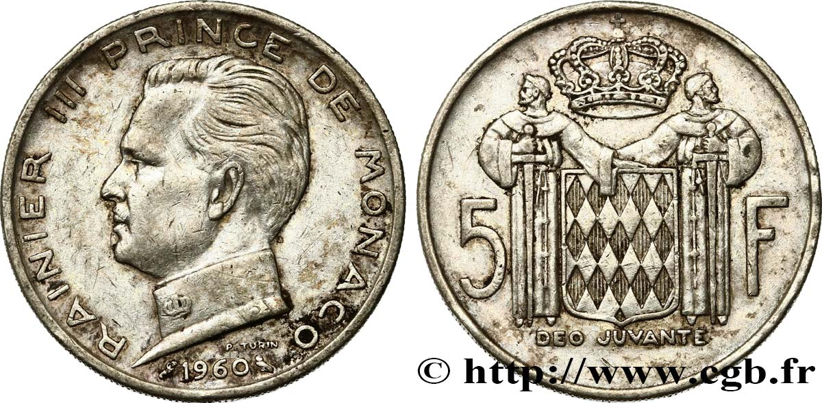 MONACO 5 Francs Prince Rainier III 1966 Paris SS 
