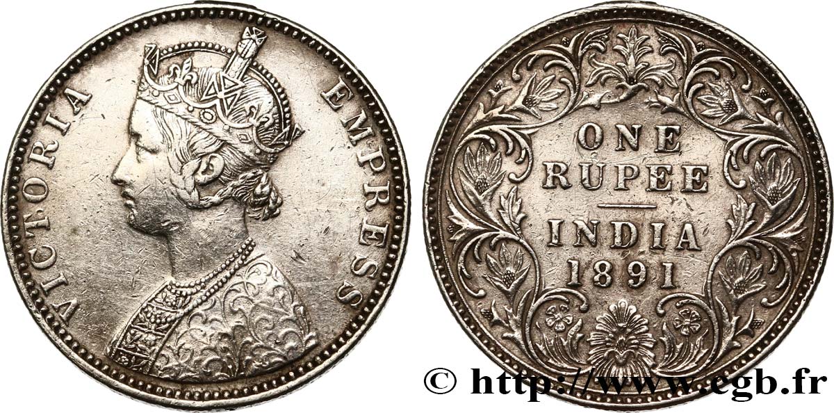 BRITISH INDIA 1 Roupie Victoria 1891  Bombay XF 