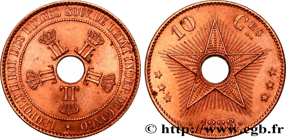KONGO-FREISTAAT 10 Centimes Léopold II 1888  VZ 