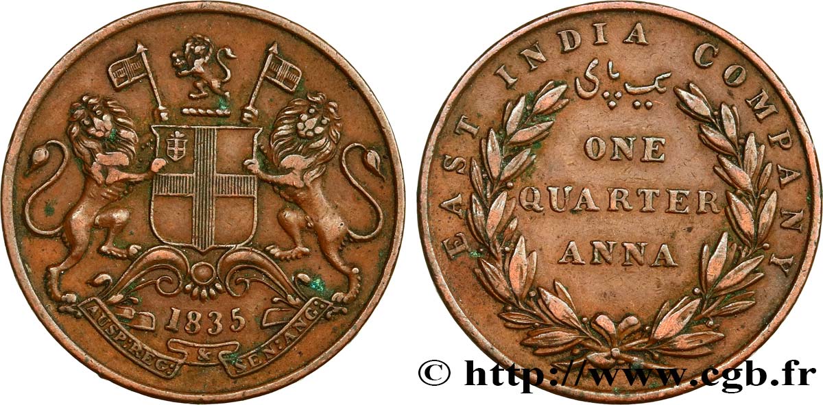 BRITISH INDIA 1/4 Anna East India Company 1835 Calcutta XF 