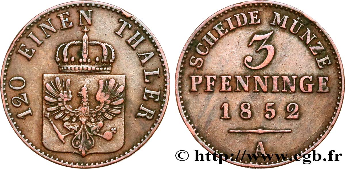 GERMANY - PRUSSIA 3 Pfenninge 1852 Berlin XF 