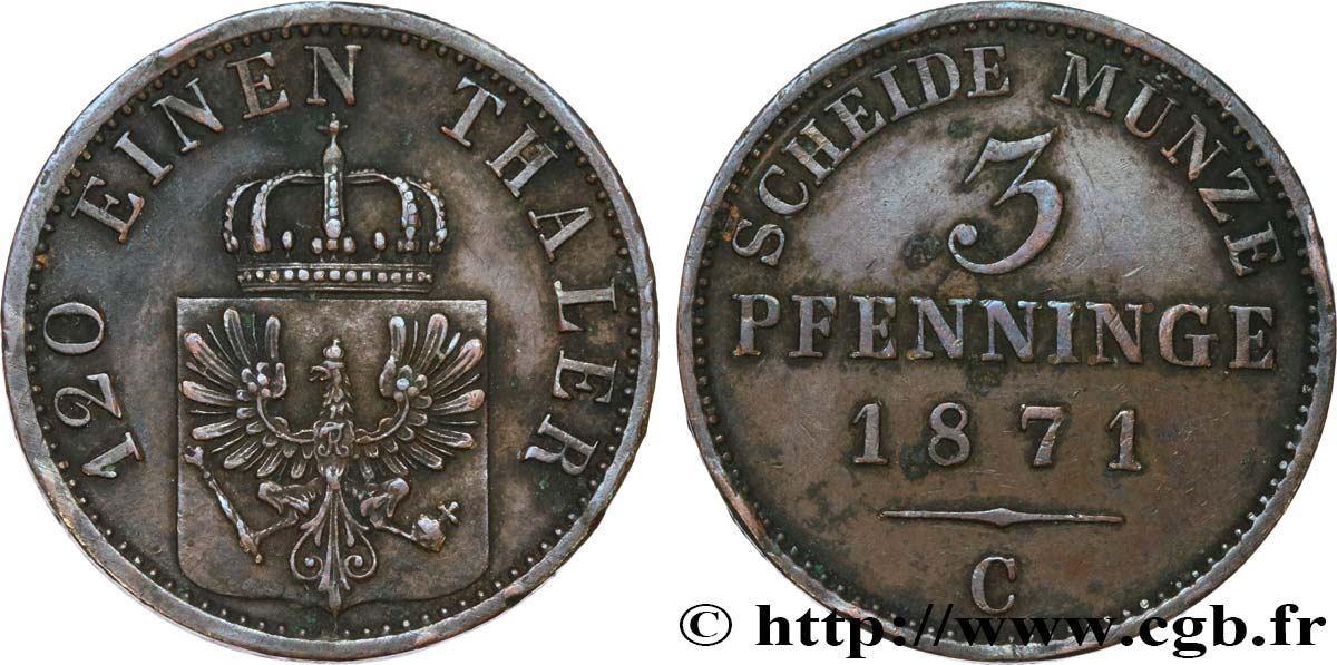 GERMANY - PRUSSIA 3 Pfenninge 1871 Francfort XF 