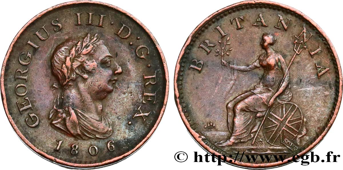 REGNO UNITO 1 Farthing Georges III tête laurée 1806  q.BB 
