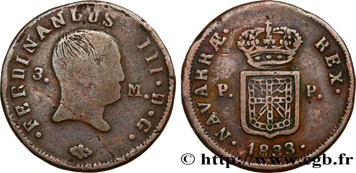 ESPAÑA - NAVARRA 3 Maravedis Ferdinand III 1833 Pamplune BC 