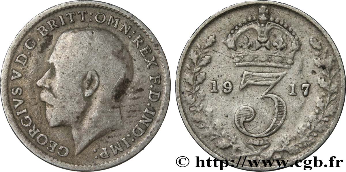 ROYAUME-UNI 3 Pence Georges V / couronne 1917  TB+ 