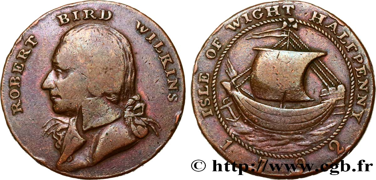 BRITISH TOKENS 1/2 (half) Penny Robert Bird Wilkins - Newport (Isle of Wright) 1792  VF 