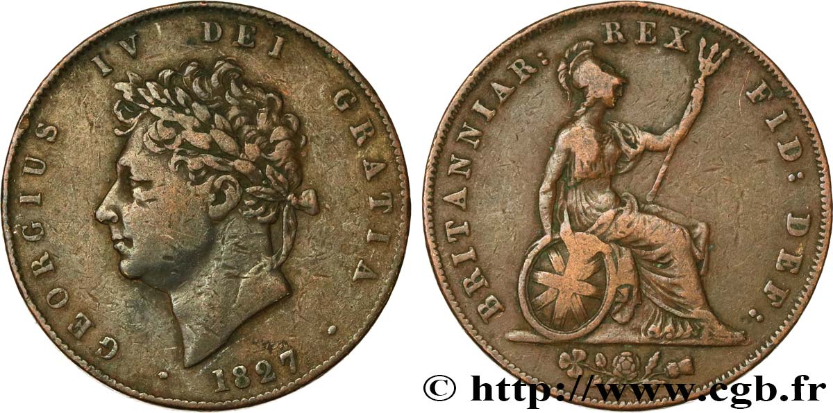 ROYAUME-UNI 1/2 Penny Georges IV 1827  TB+ 