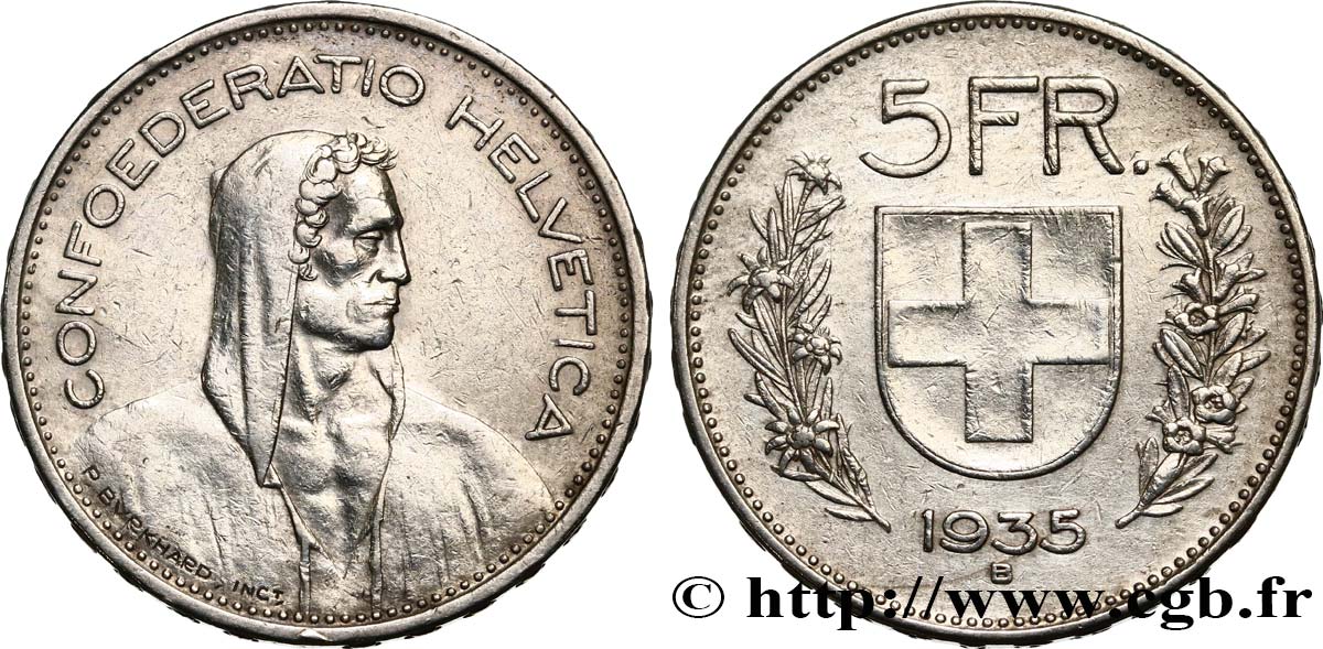 SVIZZERA  5 Francs Berger des Alpes 1935 Berne BB 
