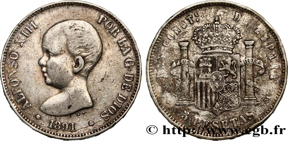 ESPAGNE 5 Pesetas Alphonse XIII 1er type 1891 Madrid TB 