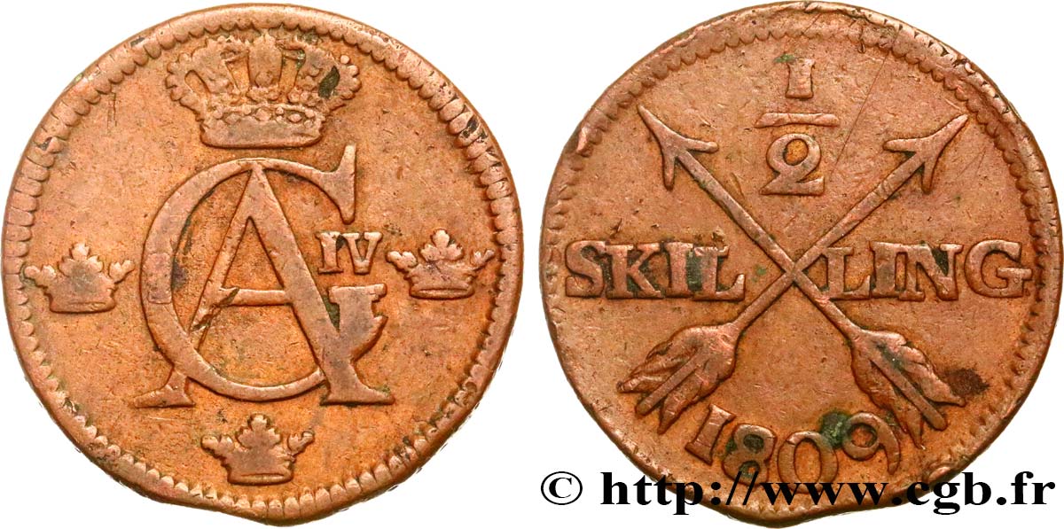 SWEDEN 1/2 Skilling monogramme du roi Gustave IV Adolphe 1809  VF 