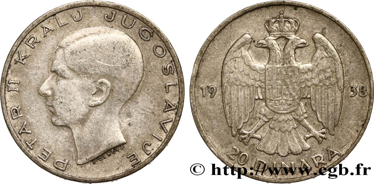YUGOSLAVIA 20 Dinara Pierre II 1938  BB 