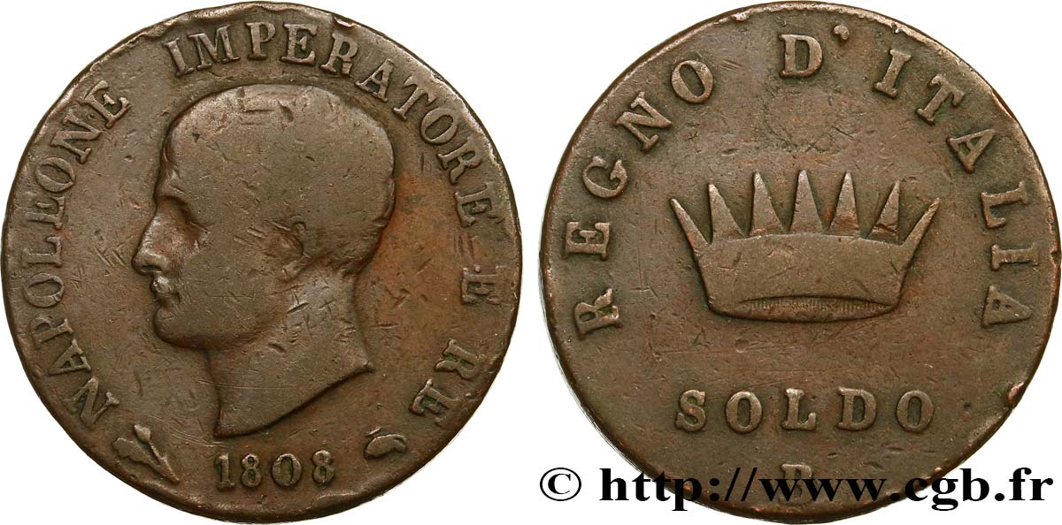 ITALY - KINGDOM OF ITALY - NAPOLEON I 1 Soldo 1808 Bologne VF 