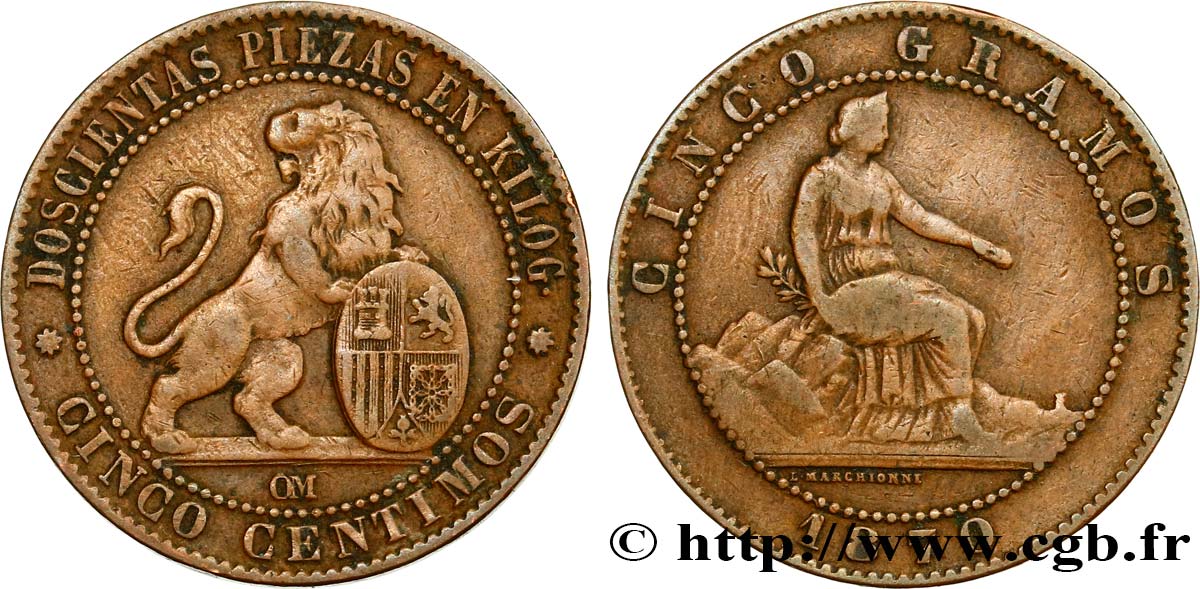 SPAGNA 5 Centimos “ESPAÑA” assise / lion au bouclier 1870 Oeschger Mesdach & CO q.BB 