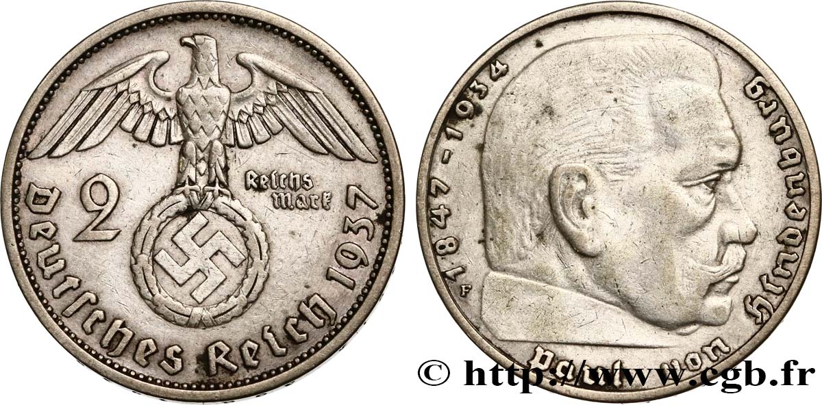 ALEMANIA 2 Reichsmark aigle surmontant une swastika / Maréchal Paul von Hindenburg 1937 Stuttgart - F MBC 